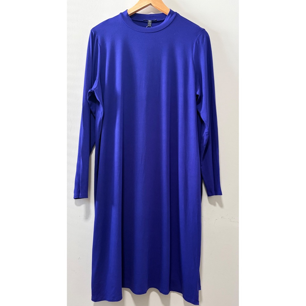 Eileen Fisher Royal Blue Viscose Jersey Mock Neck Long Sleeve Midi Dress XL
